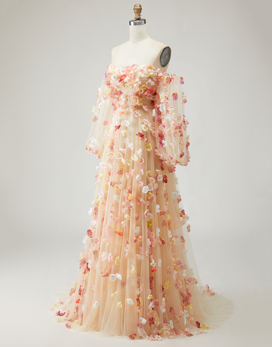Champagne Floral Tulle Long A-Line Prom Dress with Detachable Sleeves