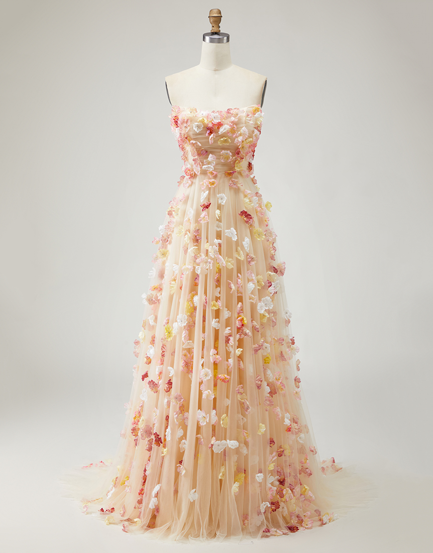 Champagne Floral Tulle Long A-Line Prom Dress with Detachable Sleeves