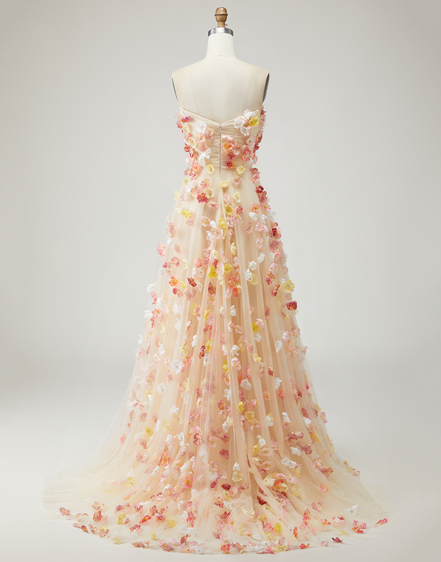 Champagne Floral Tulle Long A-Line Prom Dress with Detachable Sleeves