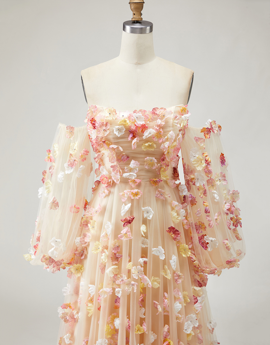 Champagne Floral Tulle Long A-Line Prom Dress with Detachable Sleeves