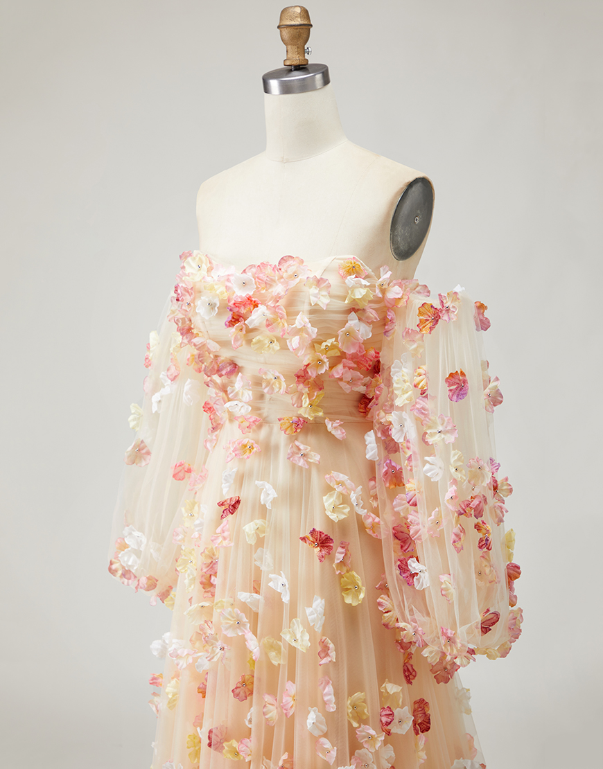 Champagne Floral Tulle Long A-Line Prom Dress with Detachable Sleeves