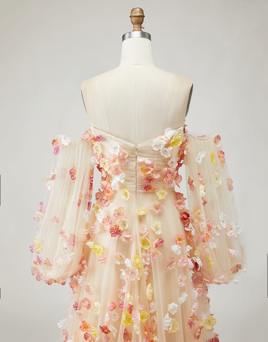 Champagne Floral Tulle Long A-Line Prom Dress with Detachable Sleeves