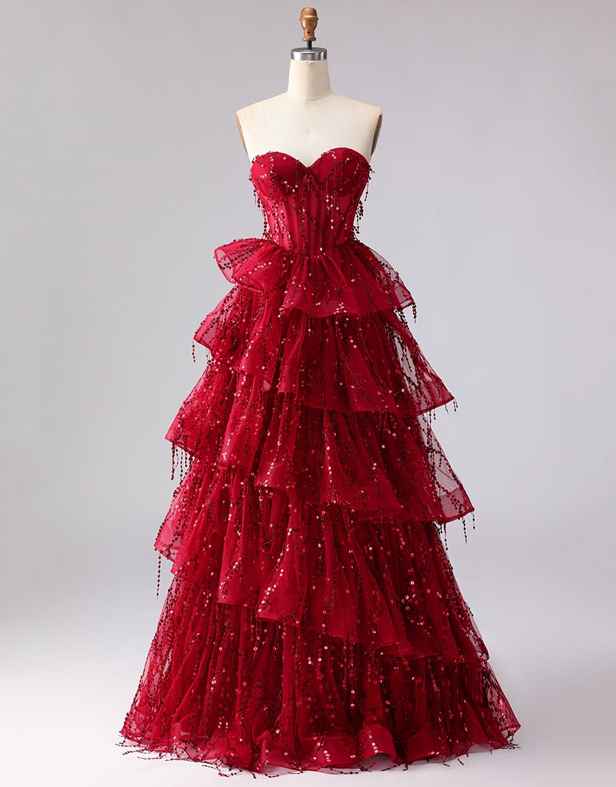 Sparkly Burgundy Sequins Corset A Line Long Prom Dress with Ruffles