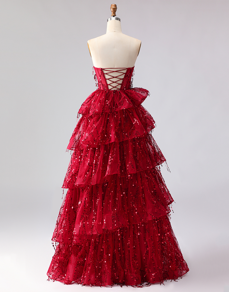 Sparkly Burgundy Sequins Corset A Line Long Prom Dress with Ruffles