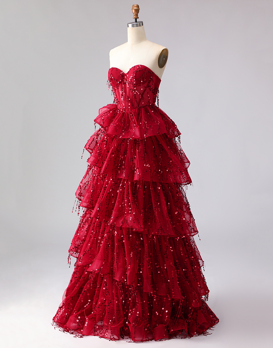 Sparkly Burgundy Sequins Corset A Line Long Prom Dress with Ruffles