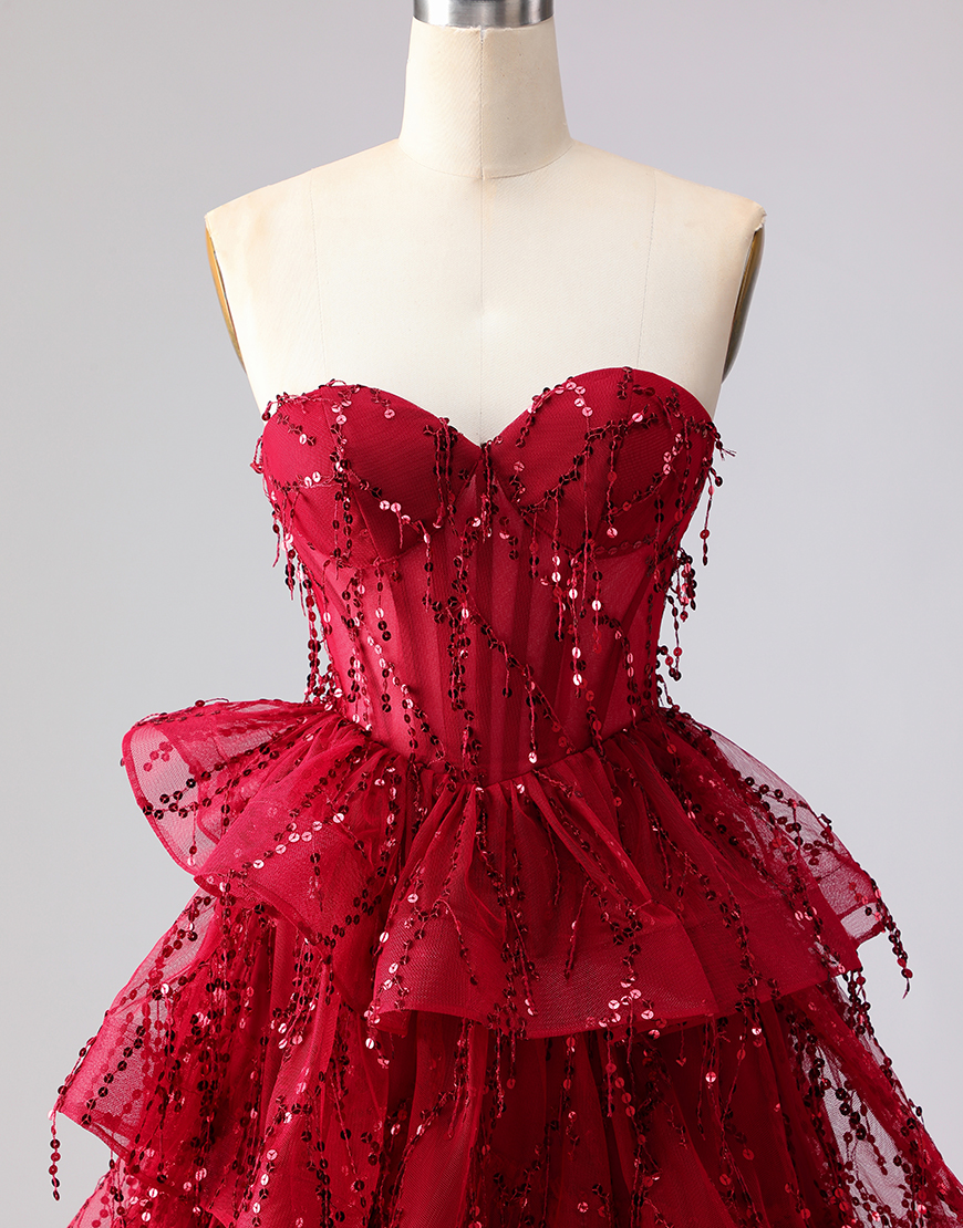 Sparkly Burgundy Sequins Corset A Line Long Prom Dress with Ruffles