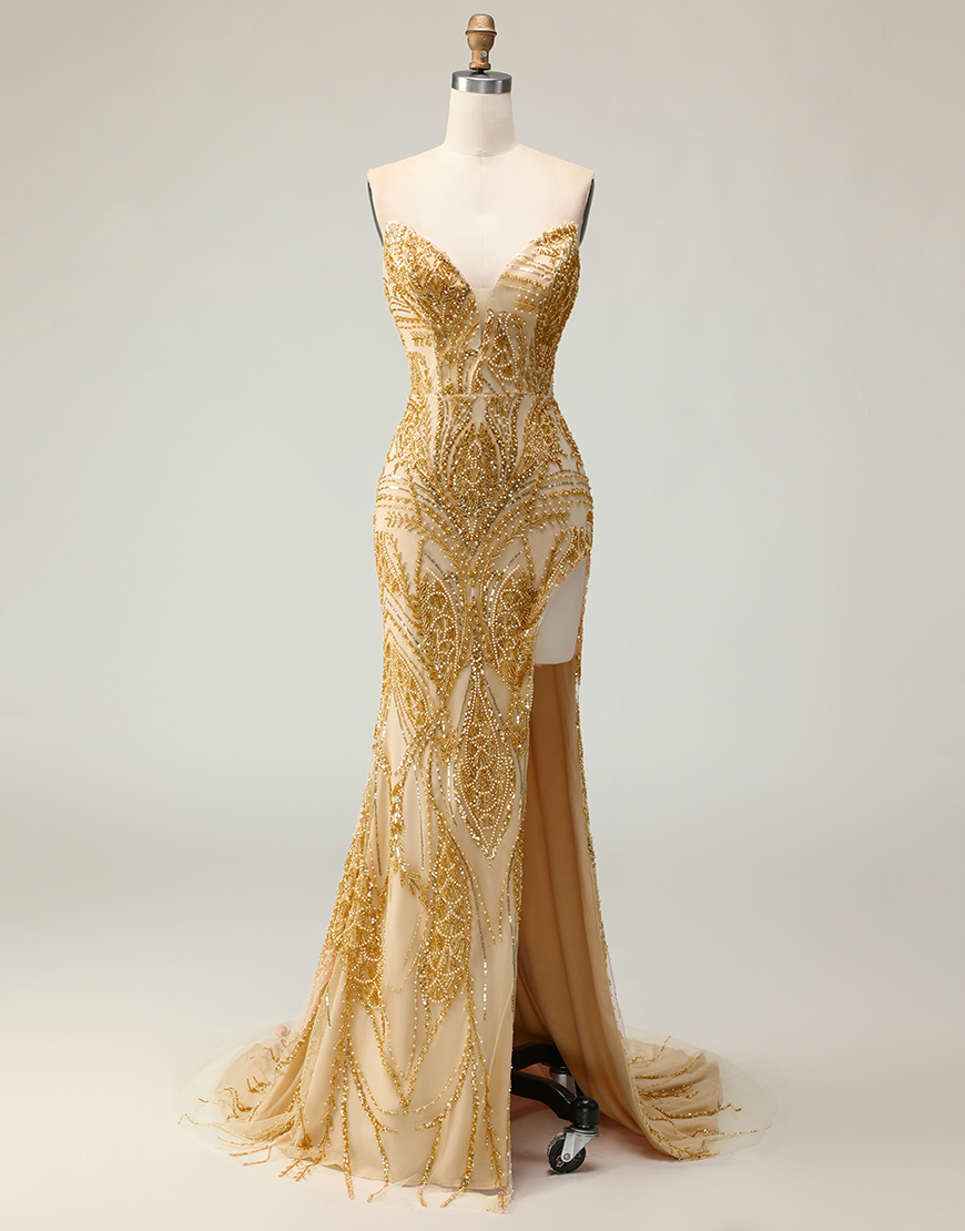 Berlinnova Women Sparkly Golden Long Beaded Prom Dress with Slit Mermaid Strapless Gala Dress