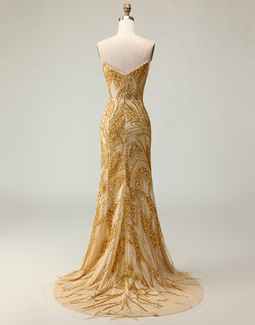 Sparkly Golden Mermaid Beaded Strapless Long Prom Dress with Slit