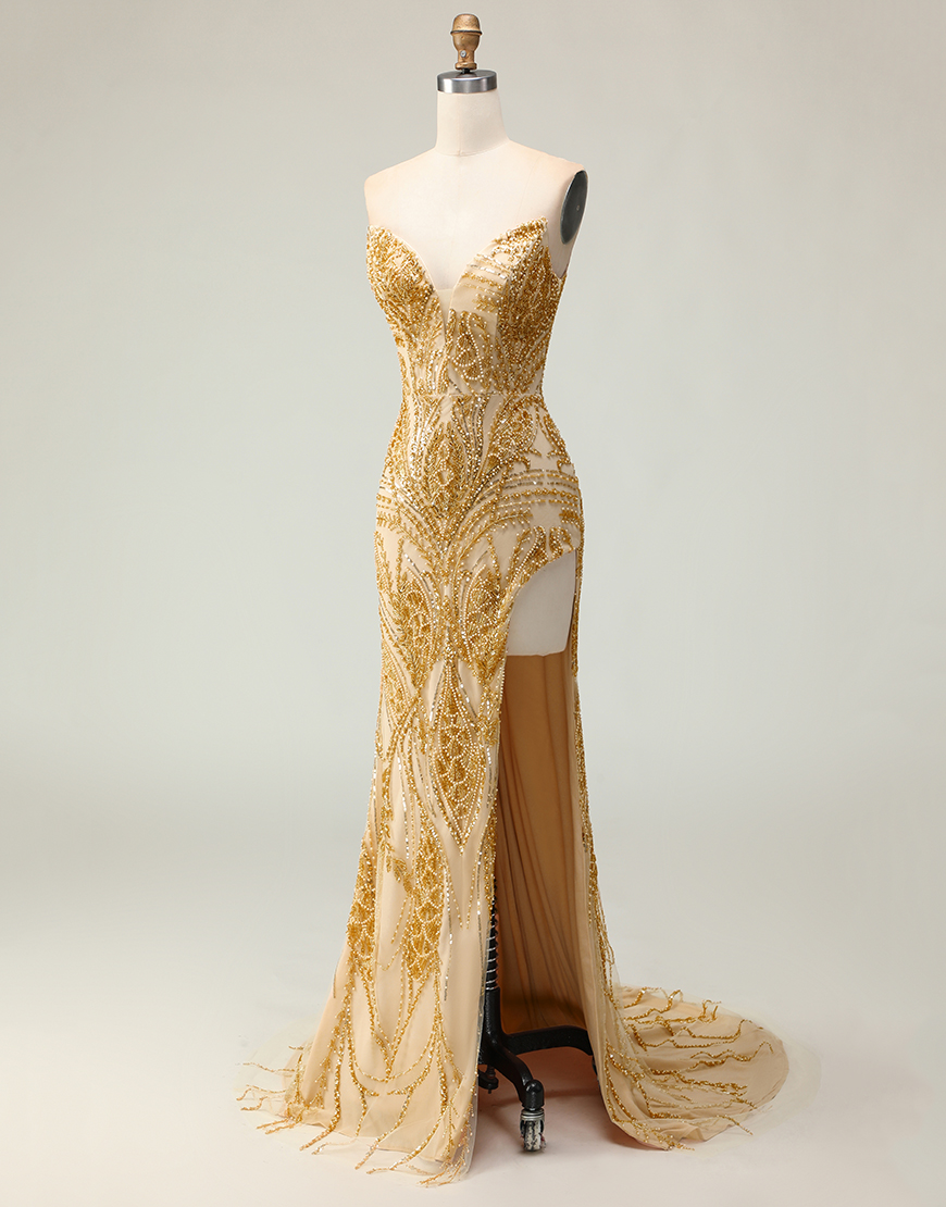 Sparkly Golden Mermaid Beaded Strapless Long Prom Dress with Slit