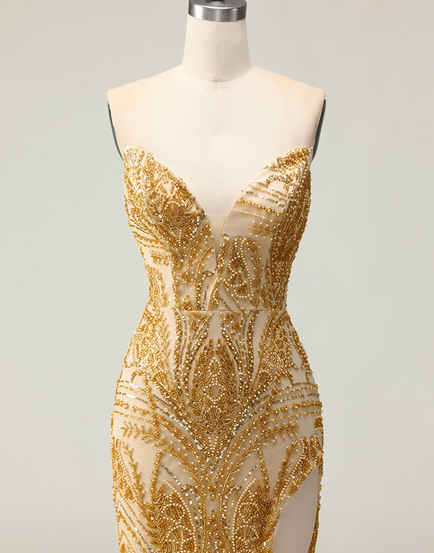 Sparkly Golden Mermaid Beaded Strapless Long Prom Dress with Slit