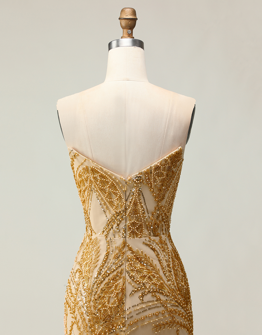 Sparkly Golden Mermaid Beaded Strapless Long Prom Dress with Slit