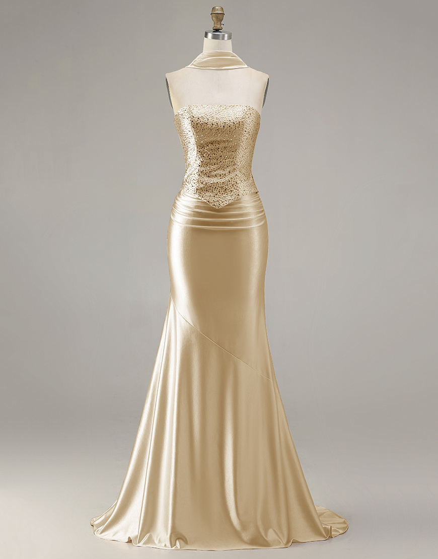 Sparkly Champagne Neck Scarf Long Mermaid Prom Dress with Beading