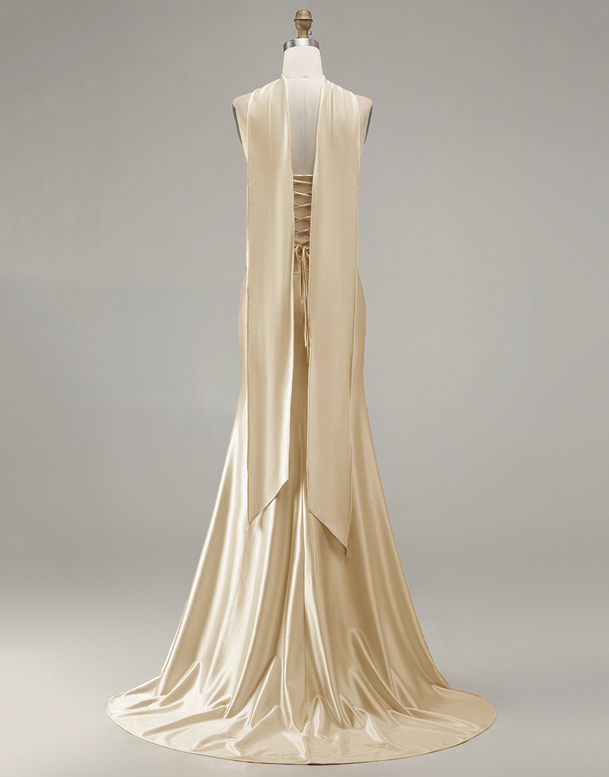 Sparkly Champagne Neck Scarf Long Mermaid Prom Dress with Beading