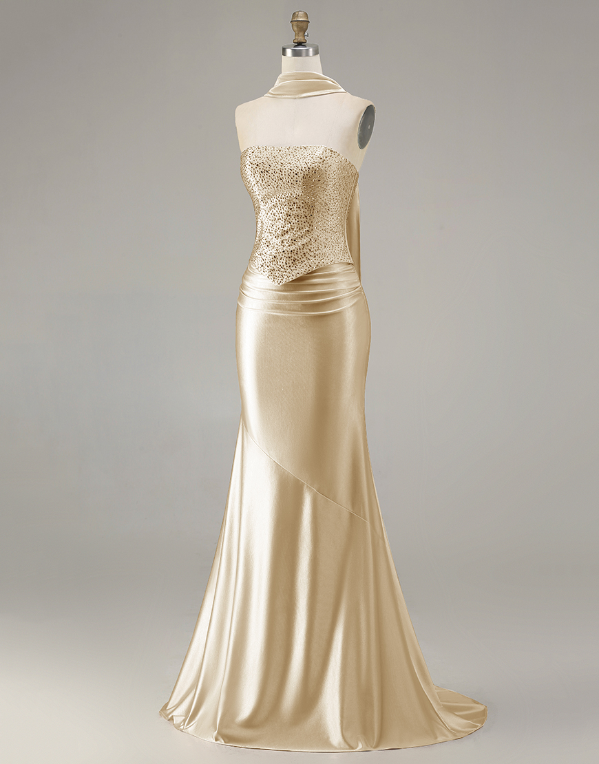 Sparkly Champagne Neck Scarf Long Mermaid Prom Dress with Beading