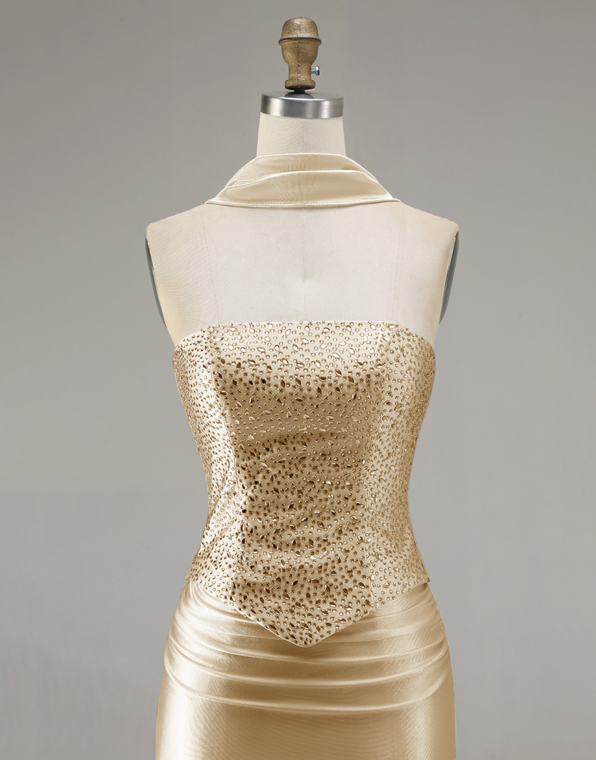 Sparkly Champagne Neck Scarf Long Mermaid Prom Dress with Beading