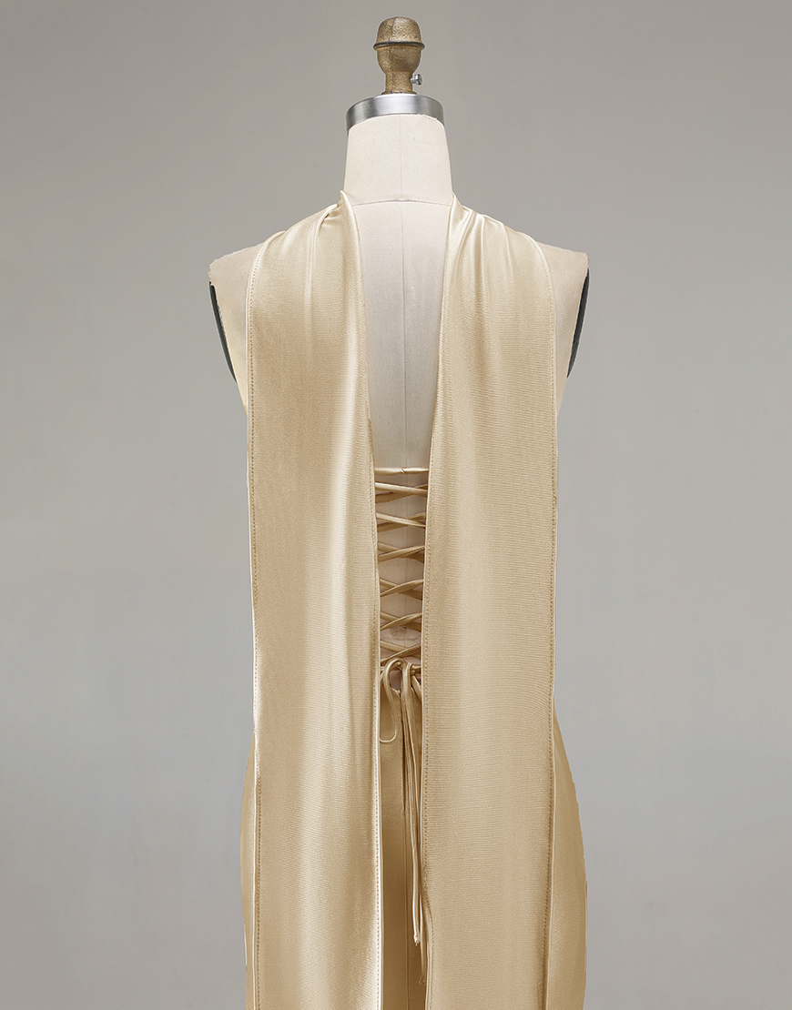 Sparkly Champagne Neck Scarf Long Mermaid Prom Dress with Beading