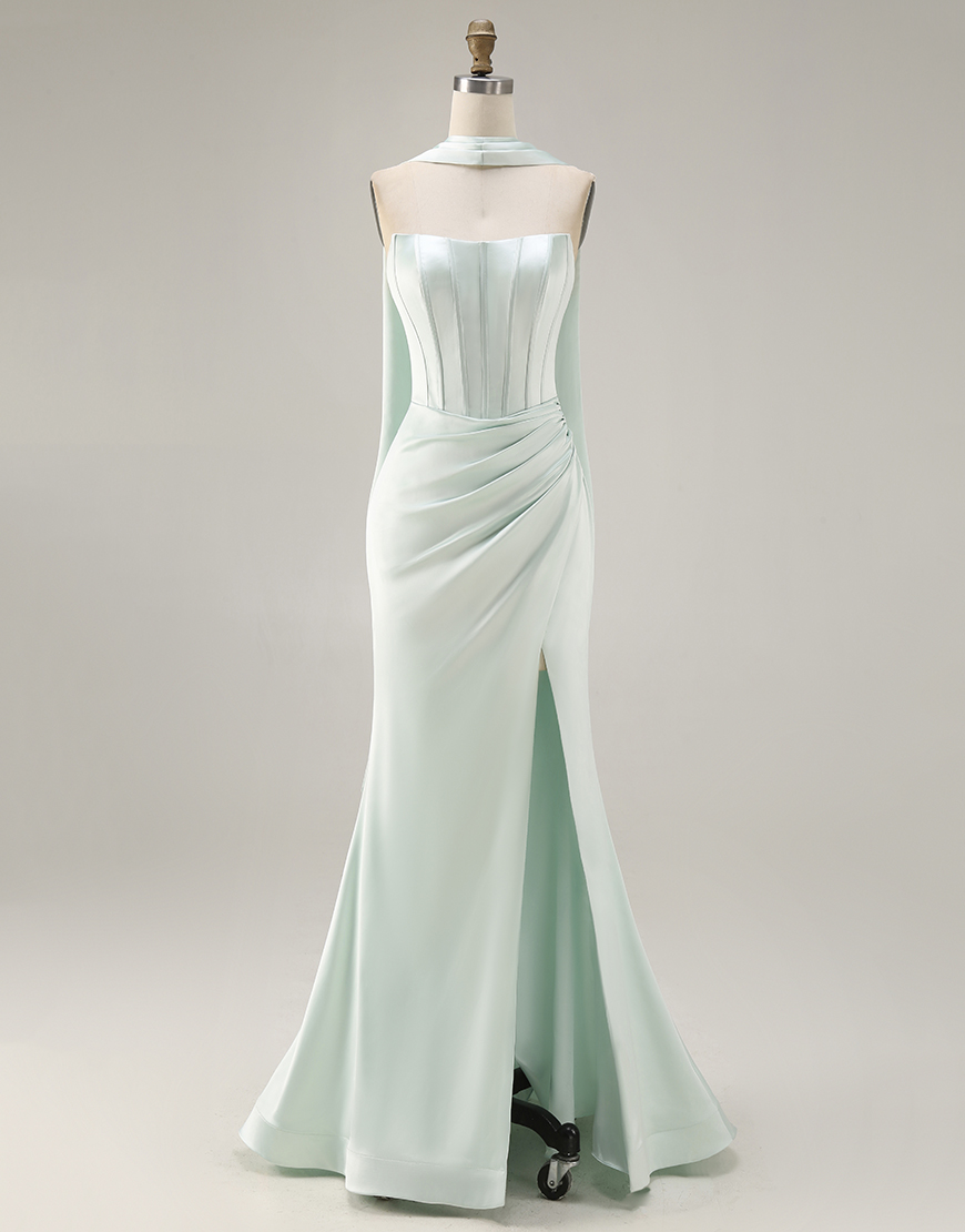 Light Green Corset Satin Mermaid Neck Scarf Long Prom Dress with Slit