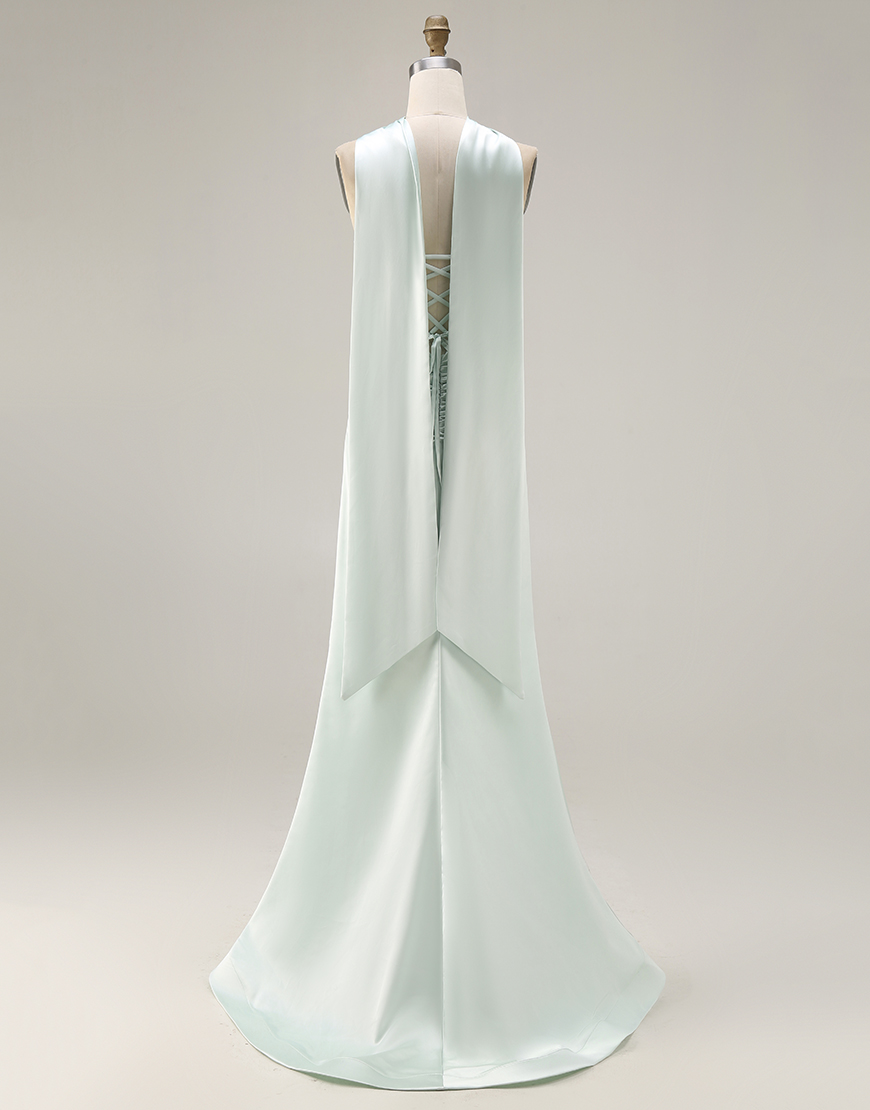 Light Green Corset Satin Mermaid Neck Scarf Long Prom Dress with Slit
