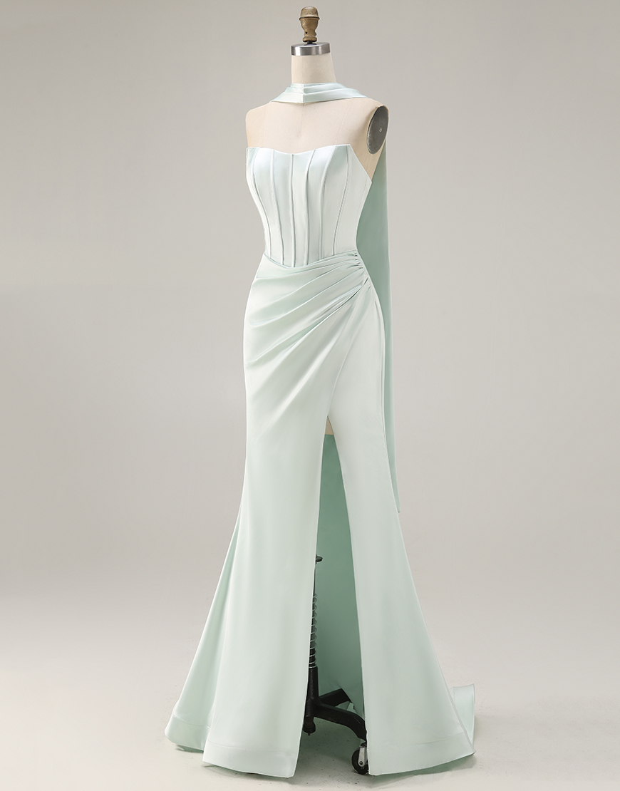 Light Green Corset Satin Mermaid Neck Scarf Long Prom Dress with Slit