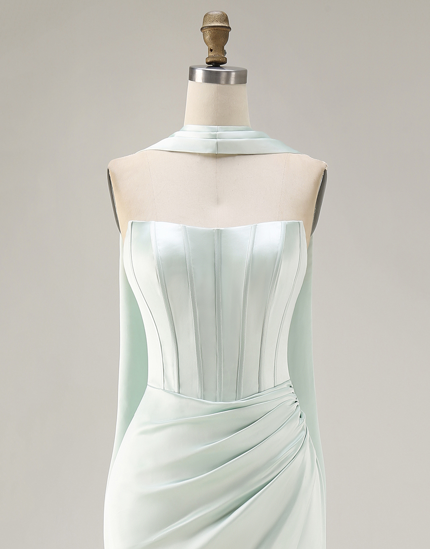 Light Green Corset Satin Mermaid Neck Scarf Long Prom Dress with Slit