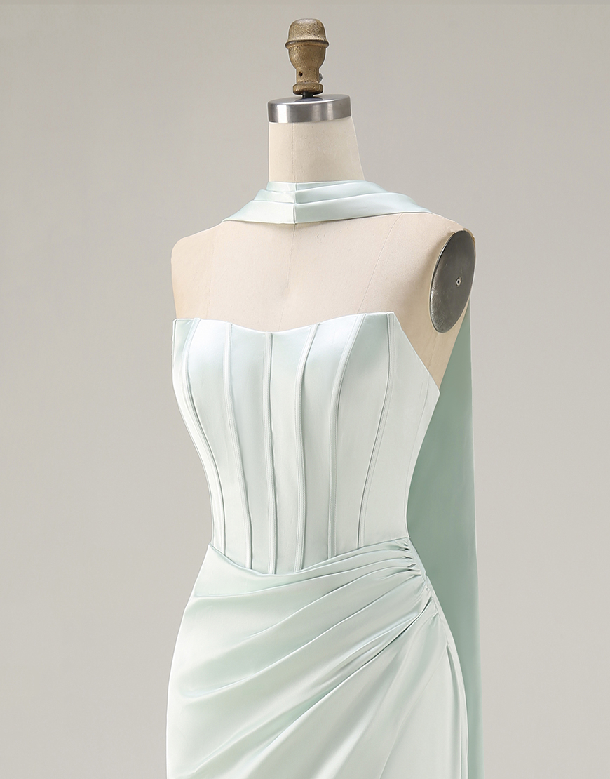 Light Green Corset Satin Mermaid Neck Scarf Long Prom Dress with Slit