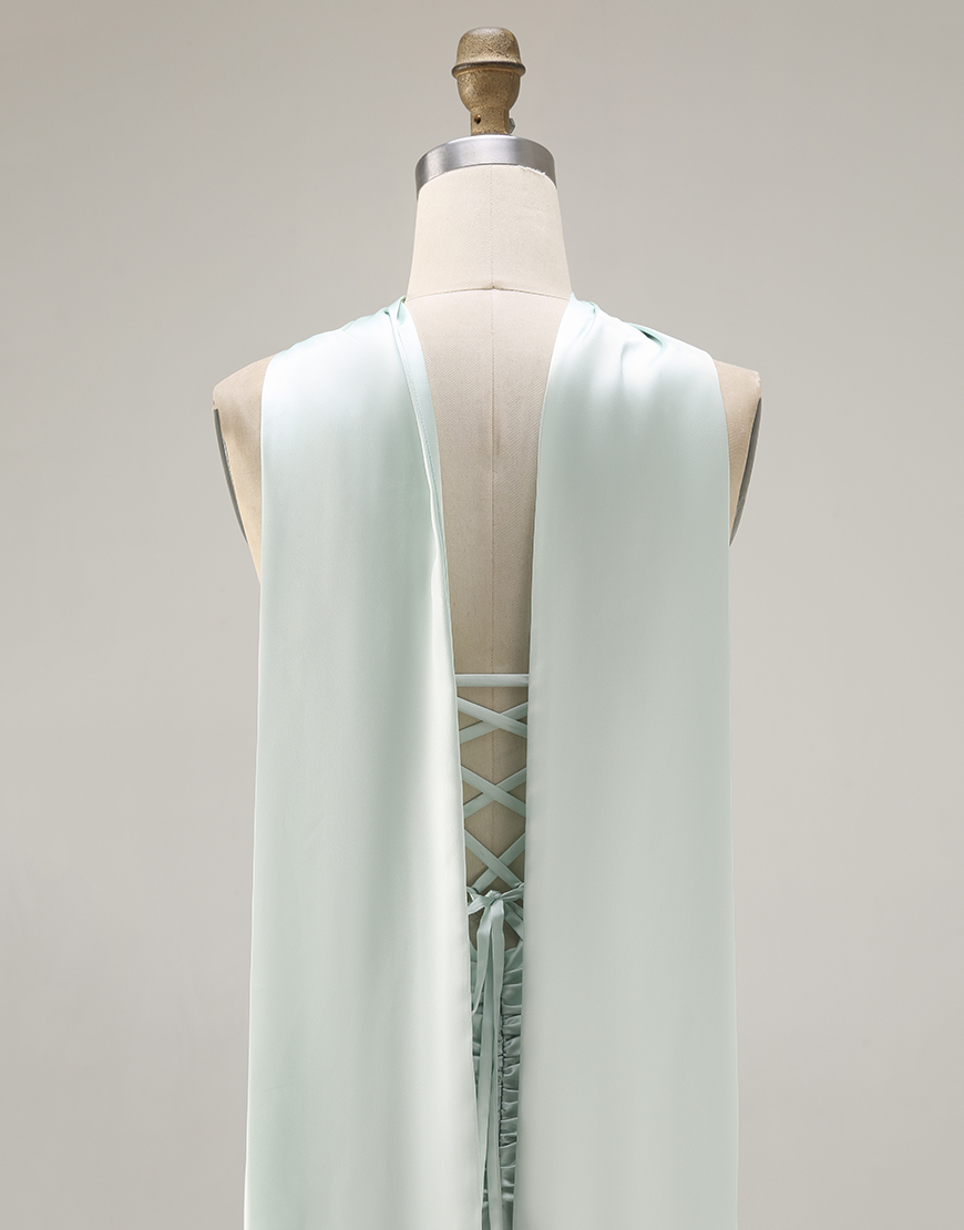 Light Green Corset Satin Mermaid Neck Scarf Long Prom Dress with Slit