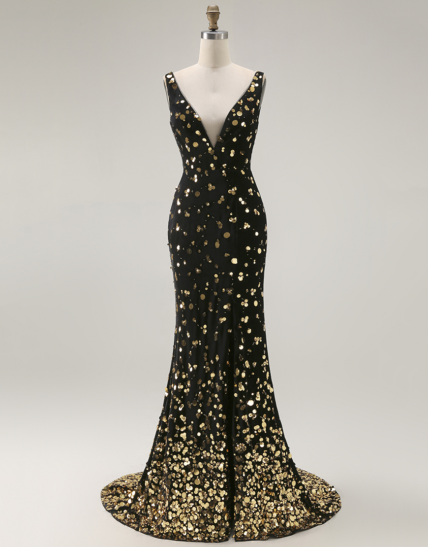 Sparkly Black Golden Mermaid V Neck Beaded Long Prom Dress