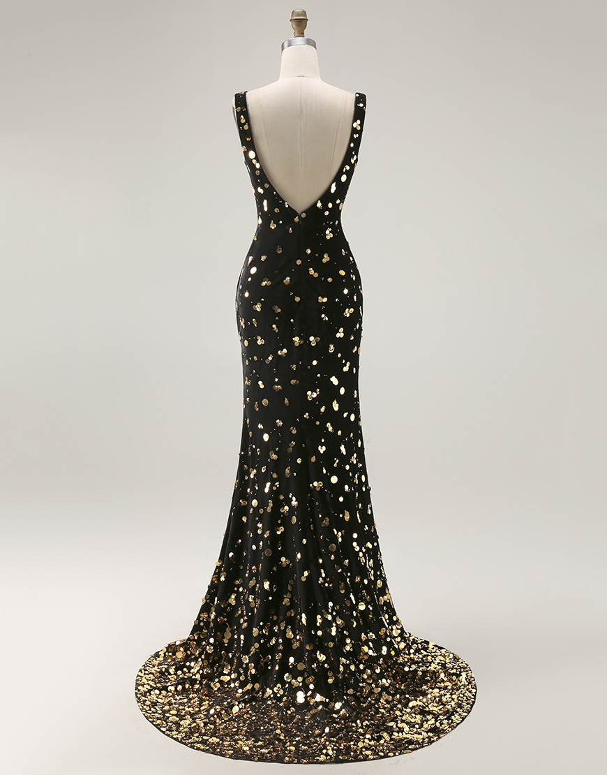 Sparkly Black Golden Mermaid V Neck Beaded Long Prom Dress