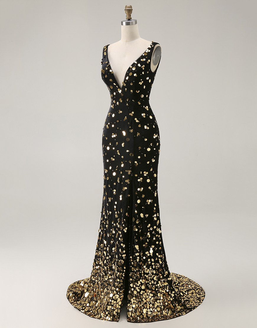 Sparkly Black Golden Mermaid V Neck Beaded Long Prom Dress