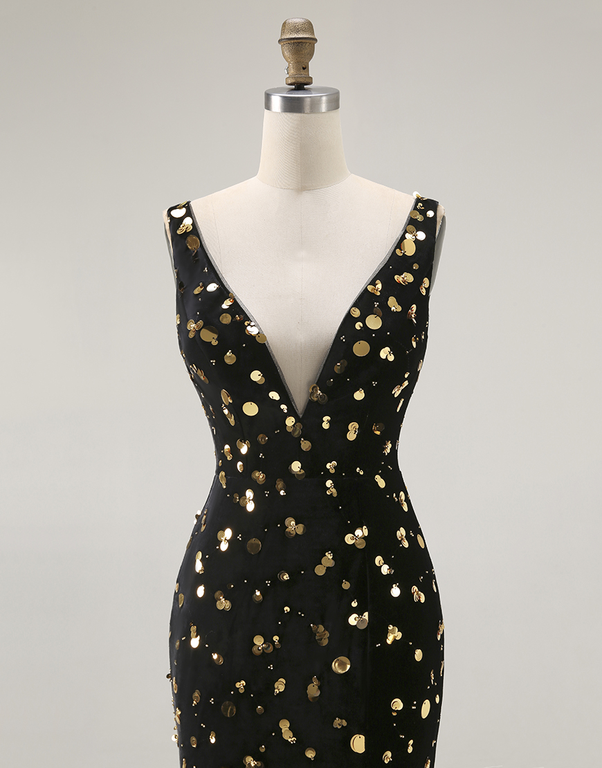 Sparkly Black Golden Mermaid V Neck Beaded Long Prom Dress