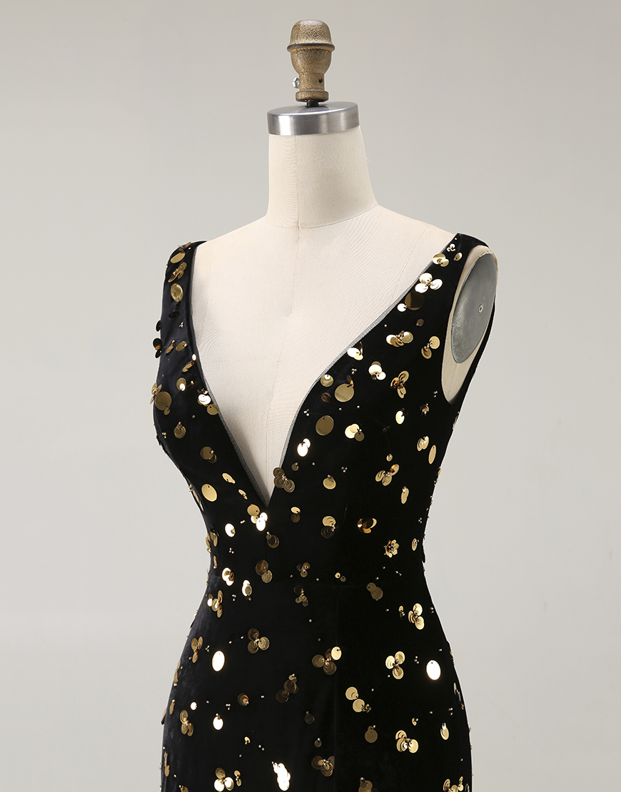 Sparkly Black Golden Mermaid V Neck Beaded Long Prom Dress