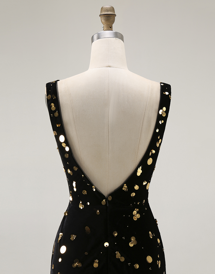 Sparkly Black Golden Mermaid V Neck Beaded Long Prom Dress