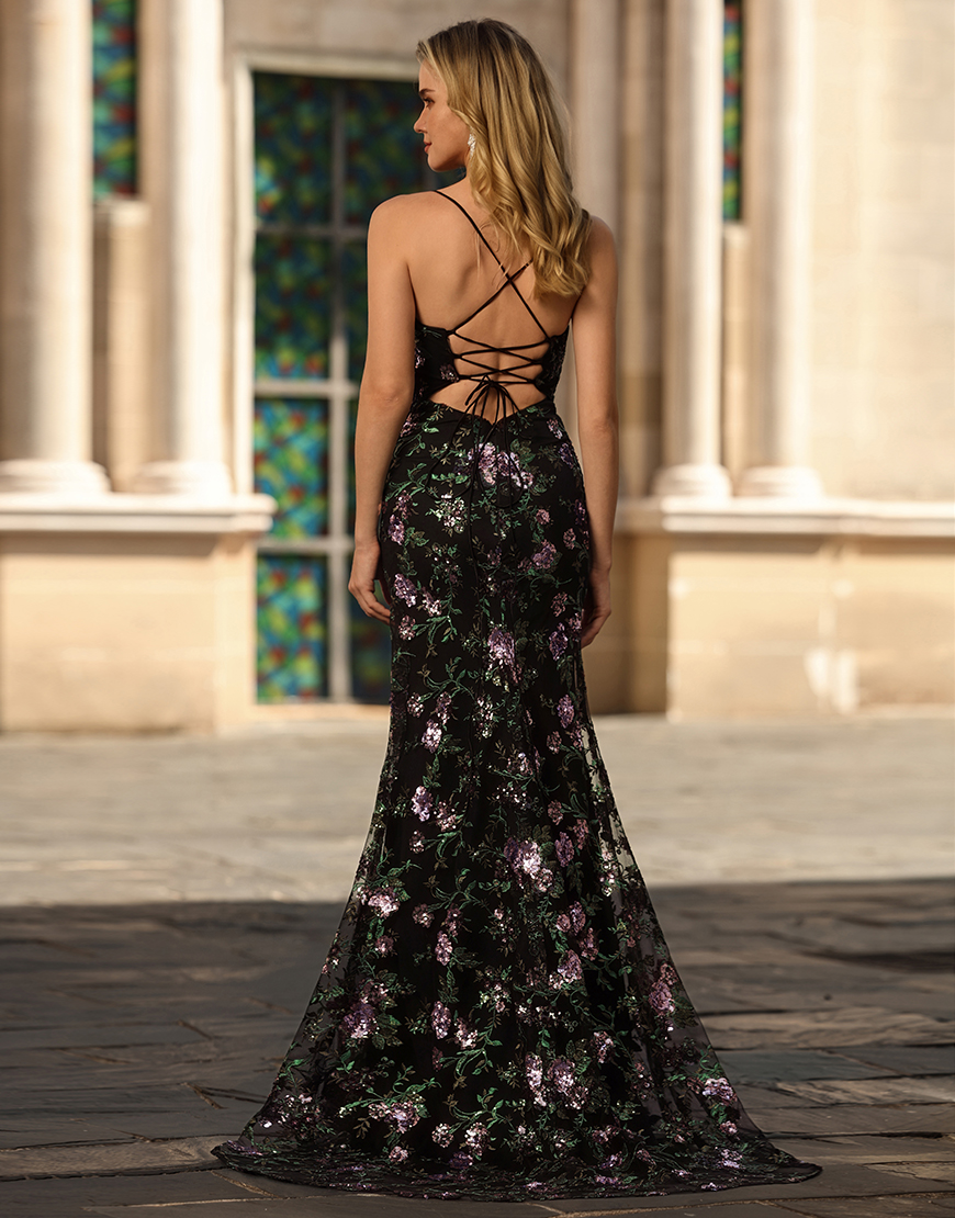 Sparkly Black Purple Flower Sequin Spaghetti Straps Long Prom Dress with Slit