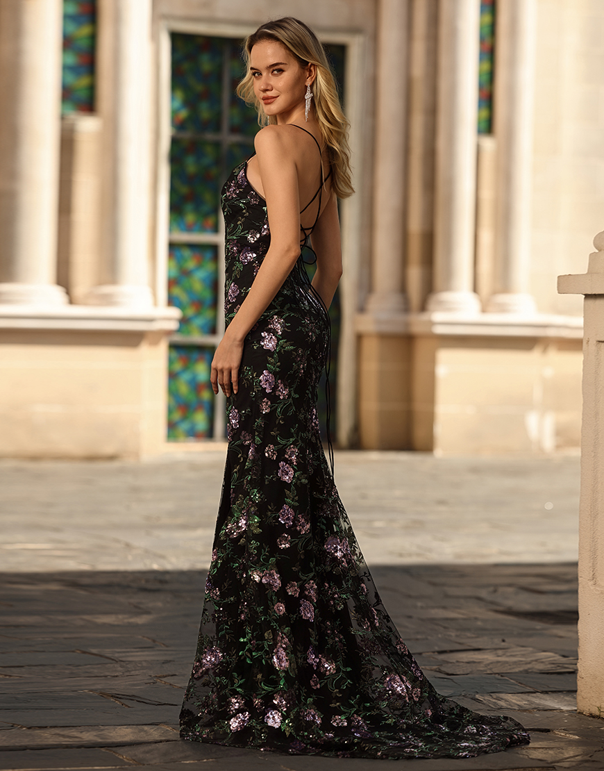 Sparkly Black Purple Flower Sequin Spaghetti Straps Long Prom Dress with Slit