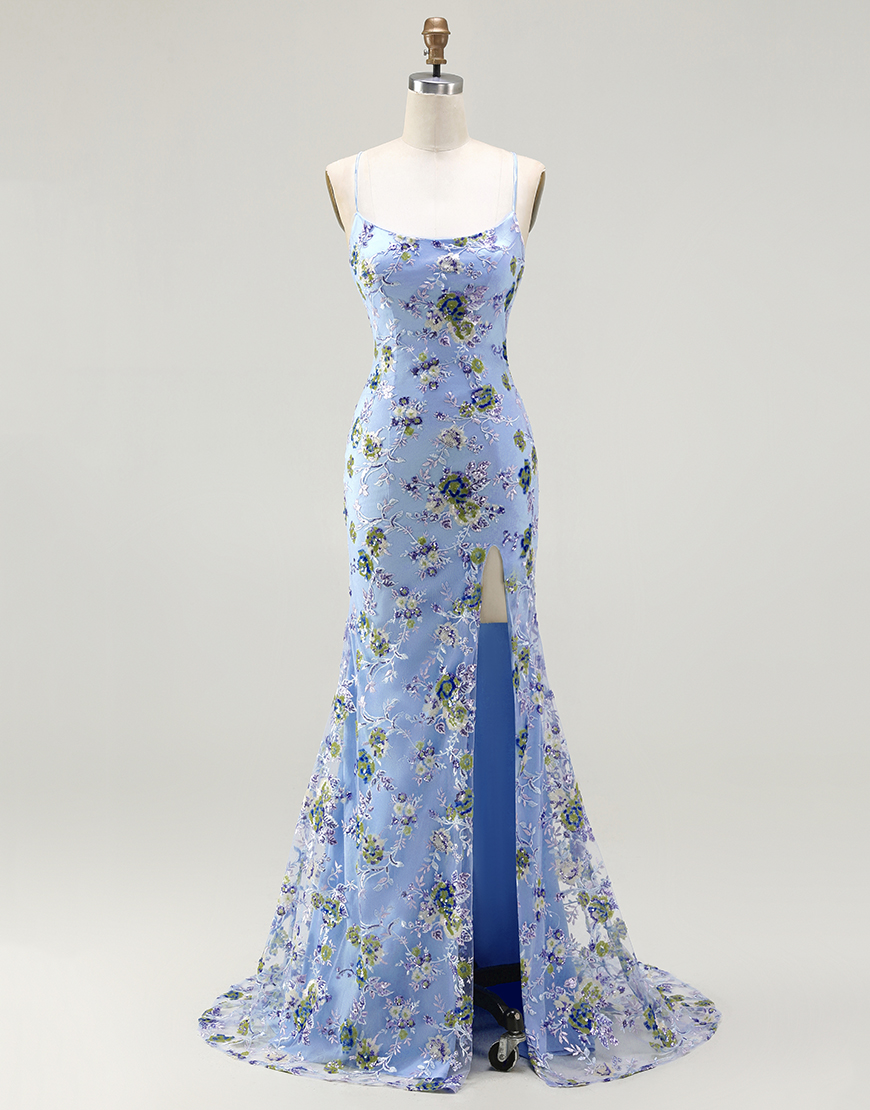 Sparkly Blue and Green Floral Sequin Mermaid Long Prom Dress with Slit