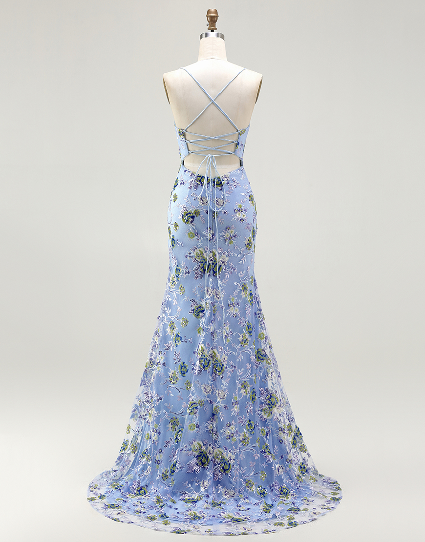 Sparkly Blue and Green Floral Sequin Mermaid Long Prom Dress with Slit