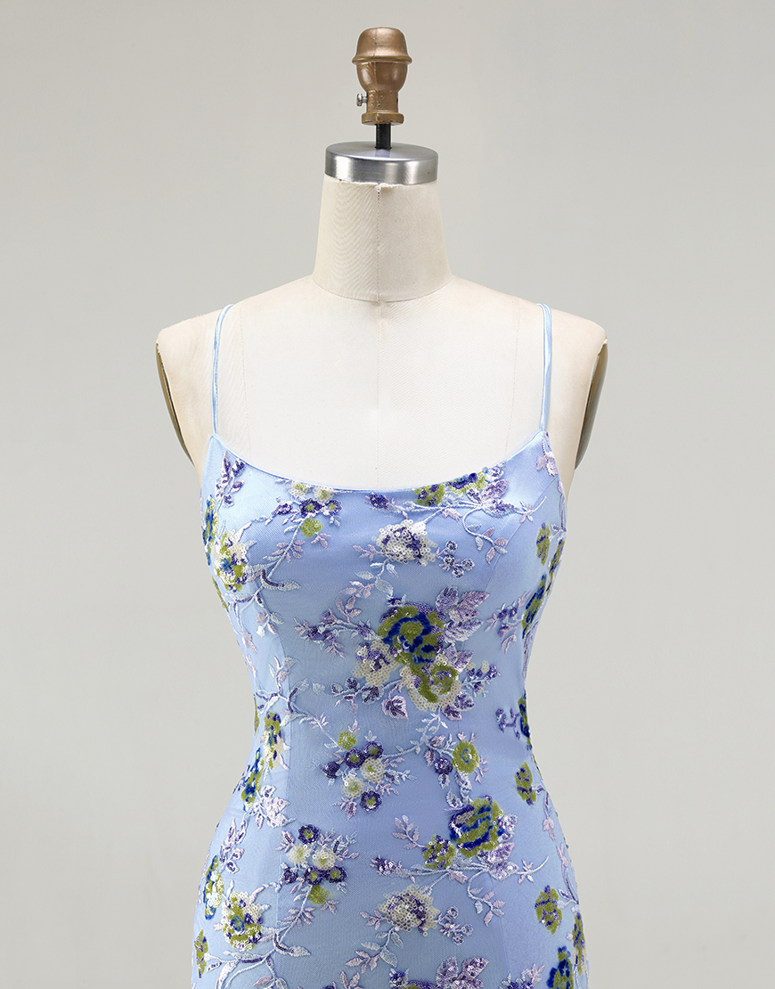 Sparkly Black Purple Flower Sequin Spaghetti Straps Long Prom Dress with Slit