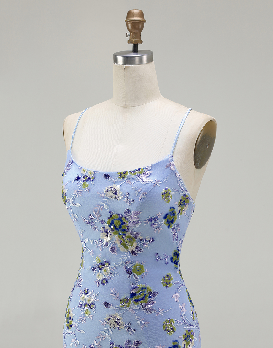 Sparkly Black Purple Flower Sequin Spaghetti Straps Long Prom Dress with Slit