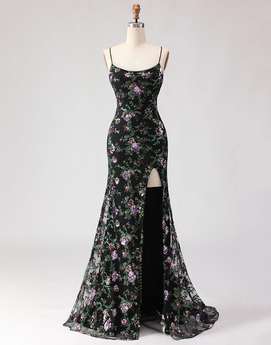 Sparkly Blue and Green Floral Sequin Mermaid Long Prom Dress with Slit