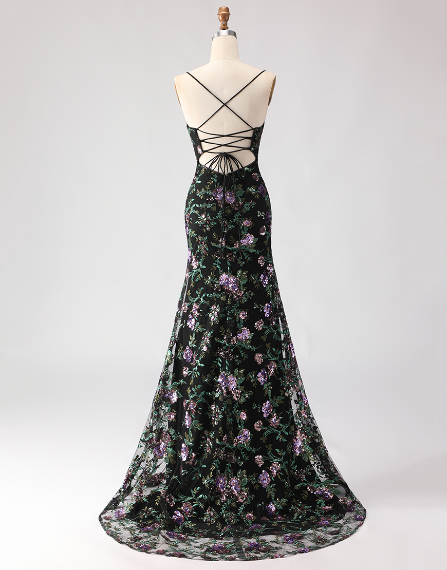 Sparkly Blue and Green Floral Sequin Mermaid Long Prom Dress with Slit