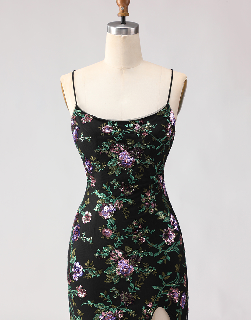 Sparkly Blue and Green Floral Sequin Mermaid Long Prom Dress with Slit