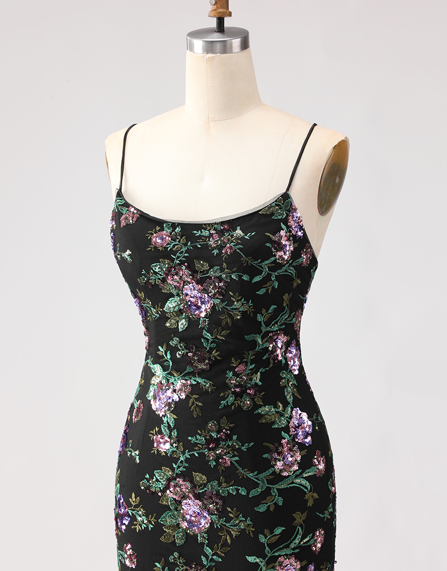 Sparkly Blue and Green Floral Sequin Mermaid Long Prom Dress with Slit