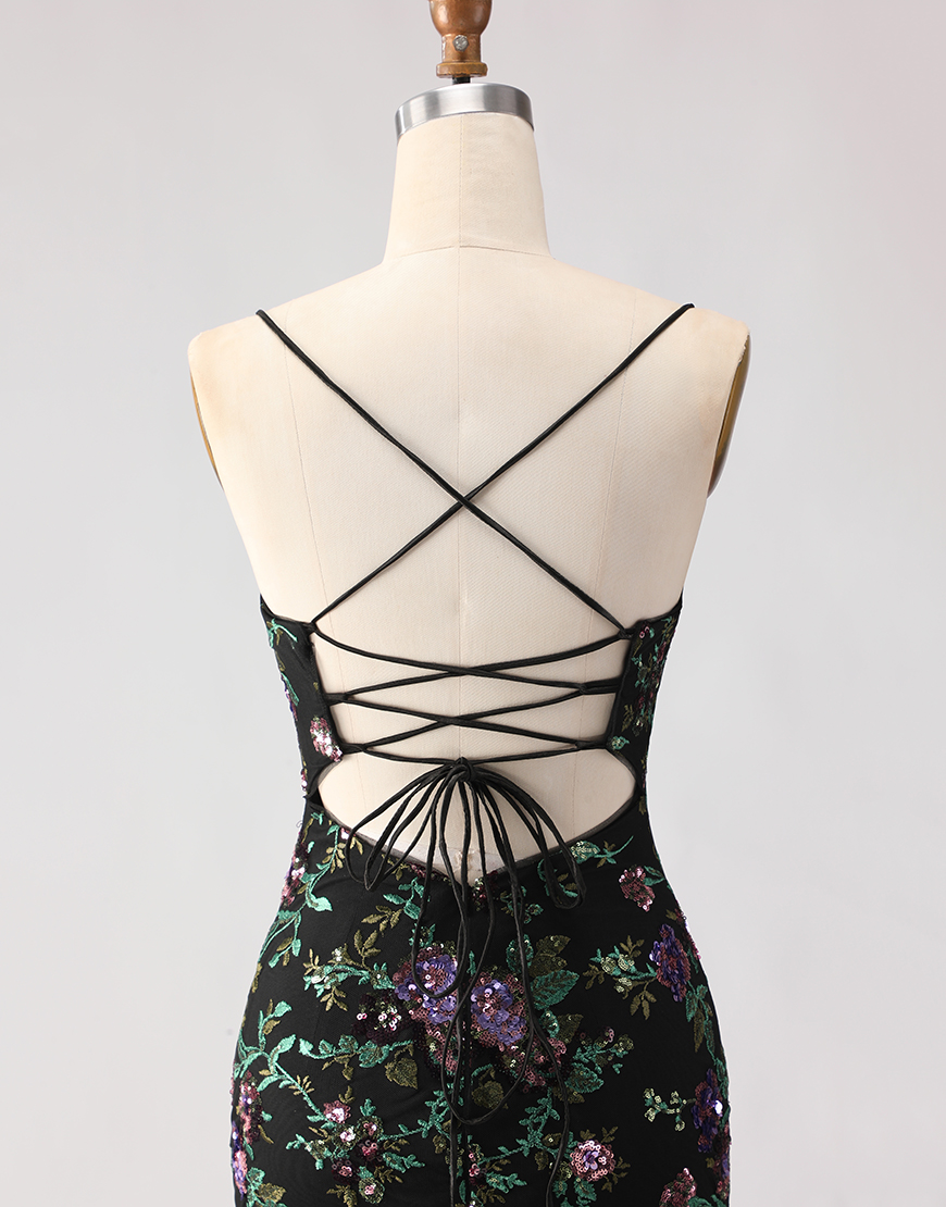 Sparkly Blue and Green Floral Sequin Mermaid Long Prom Dress with Slit