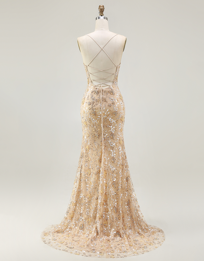 Sparkly Champagne Floral Long Mermaid Prom Dress with Slit
