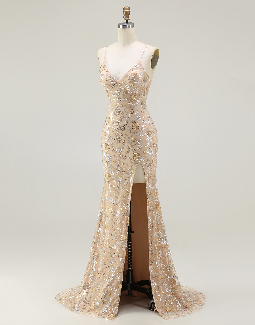 Sparkly Champagne Floral Long Mermaid Prom Dress with Slit