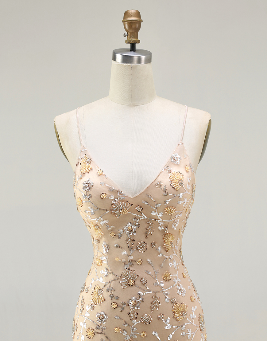 Sparkly Champagne Floral Long Mermaid Prom Dress with Slit