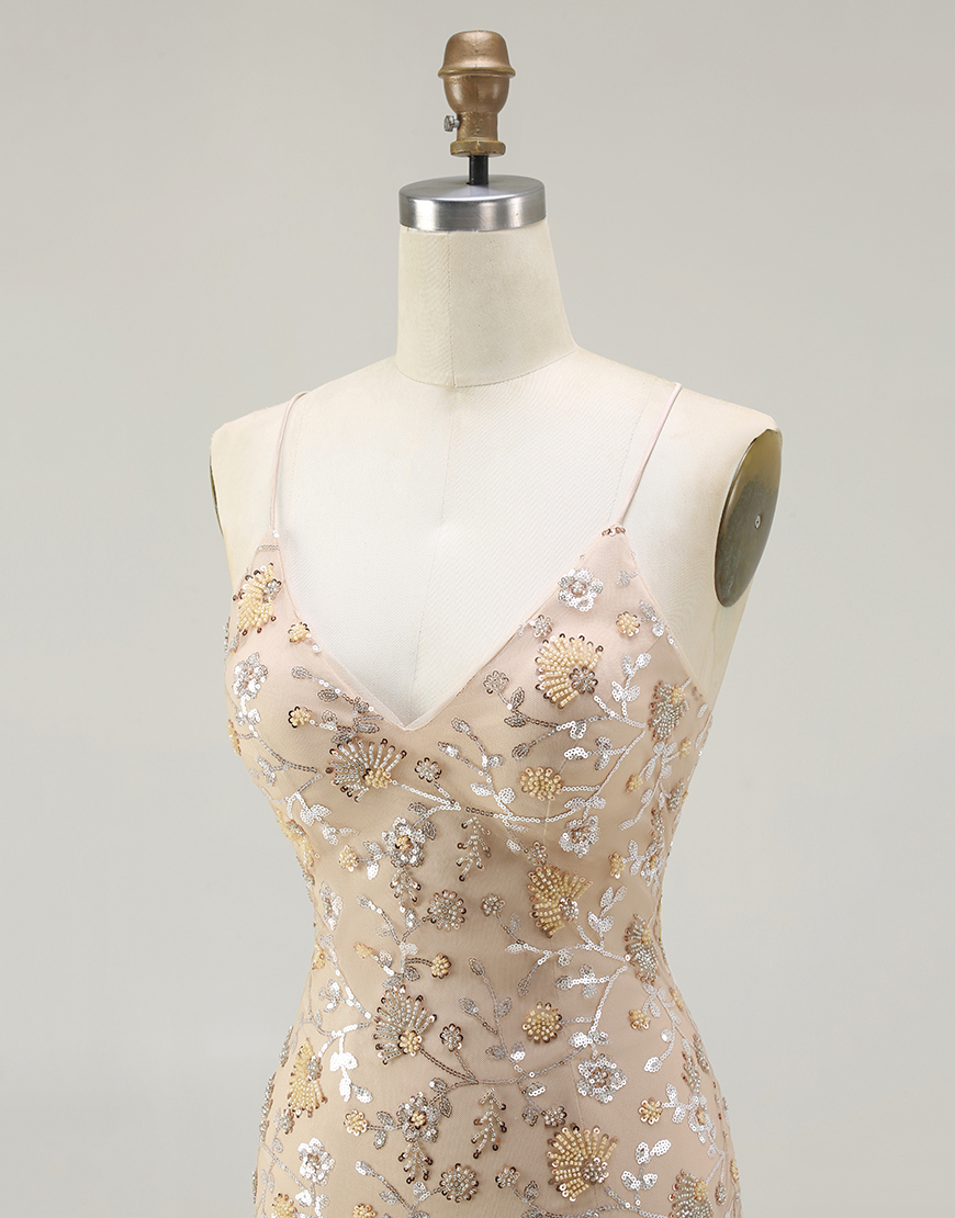 Sparkly Champagne Floral Long Mermaid Prom Dress with Slit