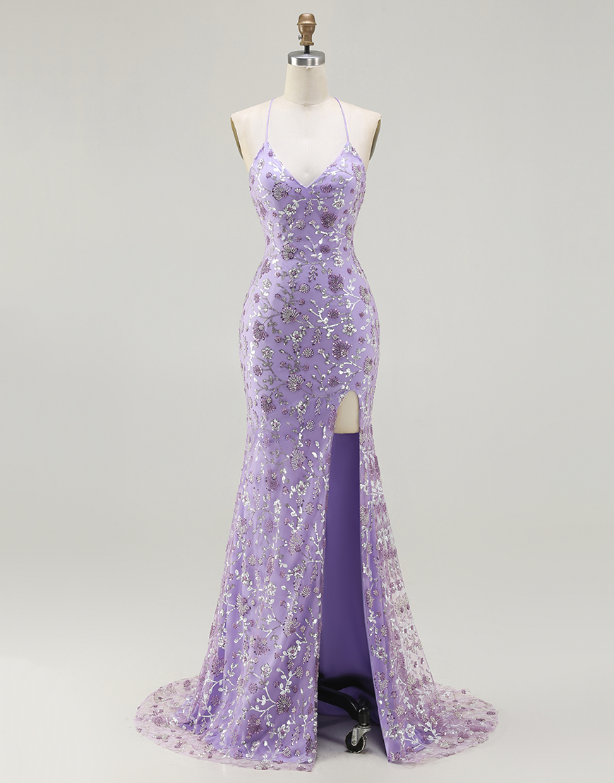 Sparkly Champagne Floral Long Mermaid Prom Dress with Slit