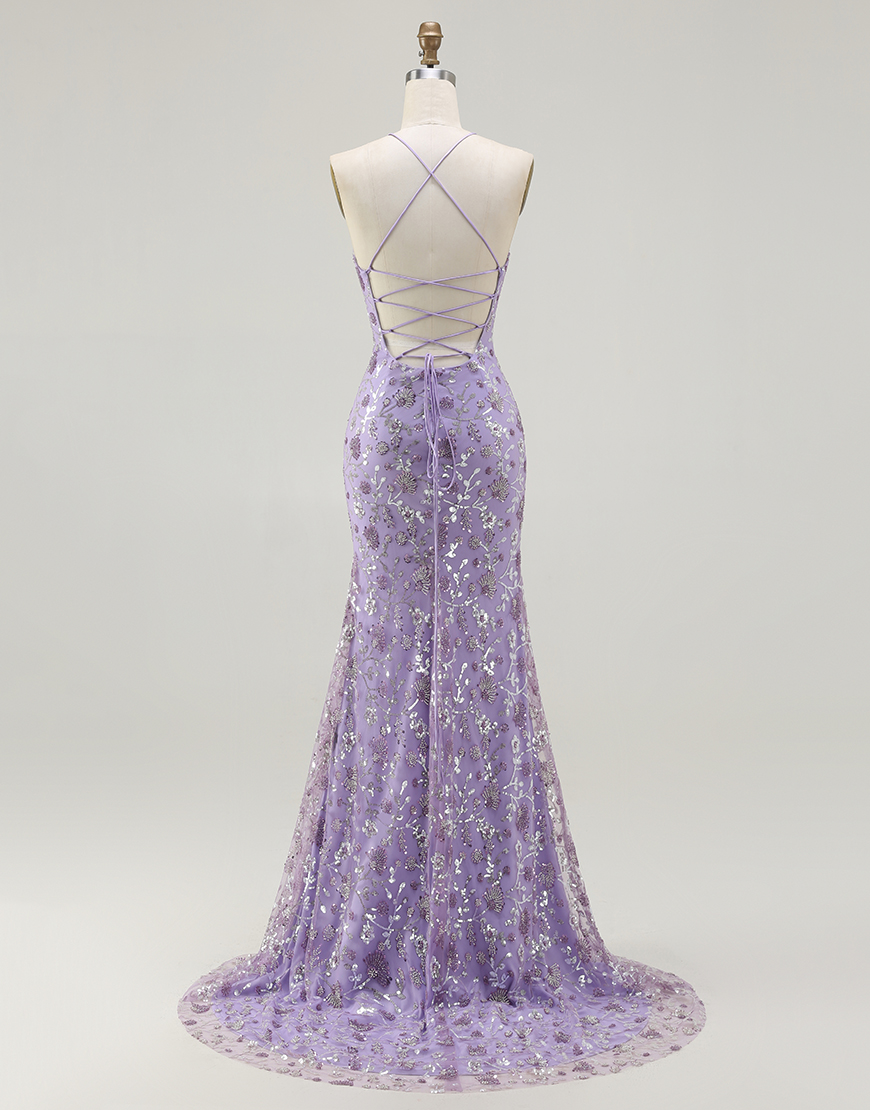 Sparkly Champagne Floral Long Mermaid Prom Dress with Slit