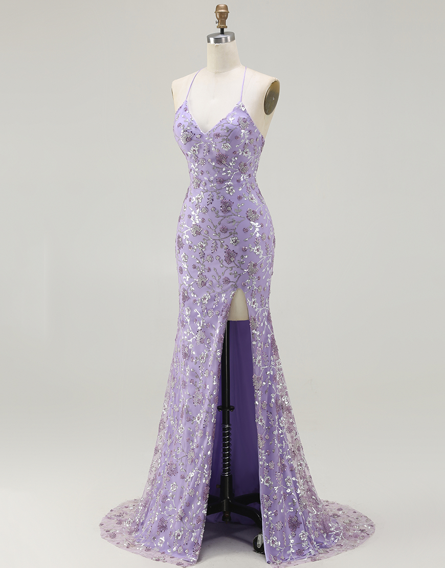 Sparkly Champagne Floral Long Mermaid Prom Dress with Slit